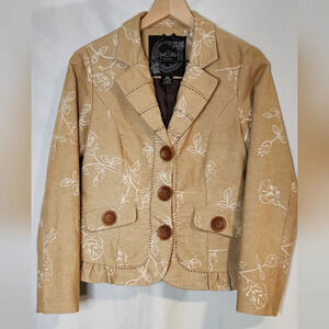 Nick & Mo‎ Womens Corduroy Blazer Size M Tan Floral Maximalism Retro Artsy